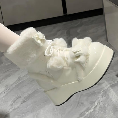 Lining Pom-Pom Boots PU with and Sweet Platform Fleece Details White Lolita