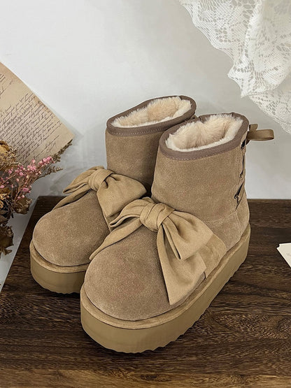 Charming Bow Design with Back Tie Closure Khaki Winter Boots in Sweet Lolita