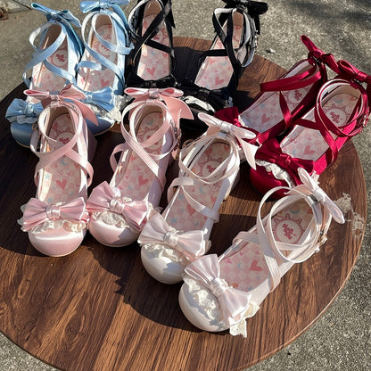 Blue Satin Mid-Heel Mary Janes with Bow Lace & Ice Cream Snap Decor - LU XIAO MAN