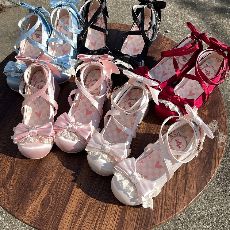 Wine Red Satin Hime Lolita Mary Janes with Lace Bow & Ice Cream Snap - LU XIAO MAN