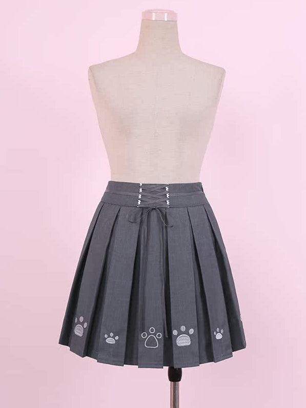 Box Dark Embroidery Paws Pleat Skirt Grey