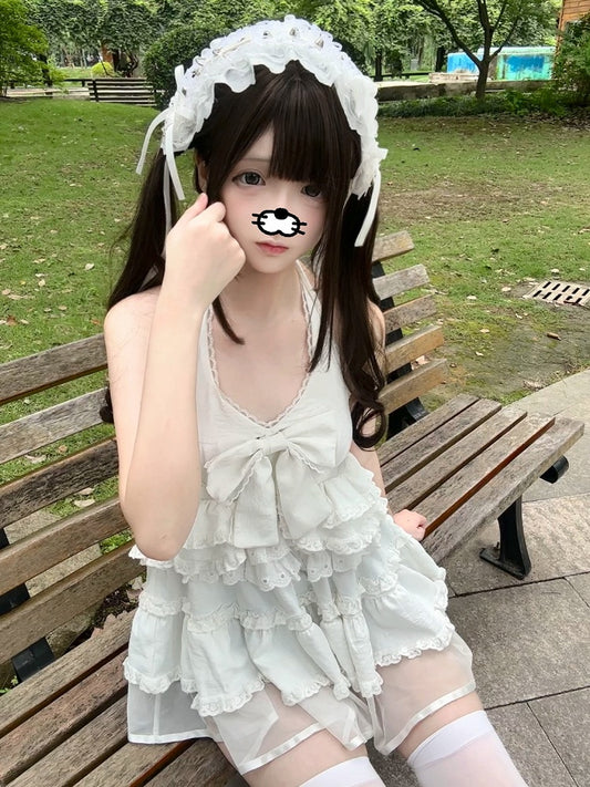 with Mini Innocent Halter Empire Trim Soft Dress White Waist Lace Tiered