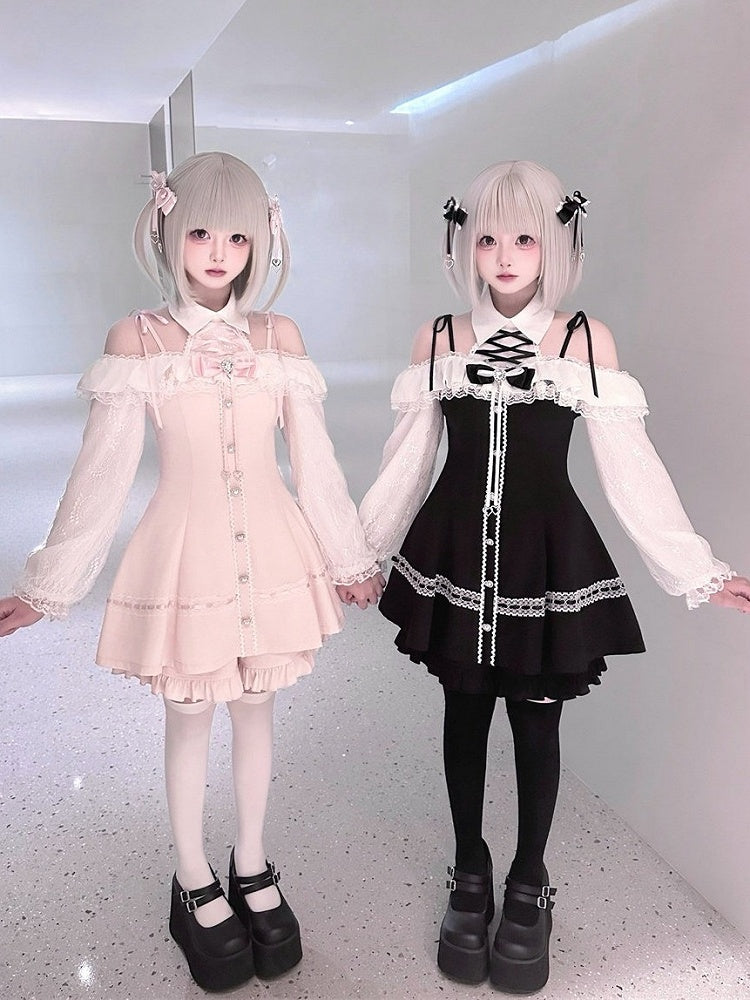 Pale Pink & White Ryousangata Two-Piece Set - Off-Shoulder Lace Long Sleeve Gown + Coordinating Shorts - Puppet Bombs