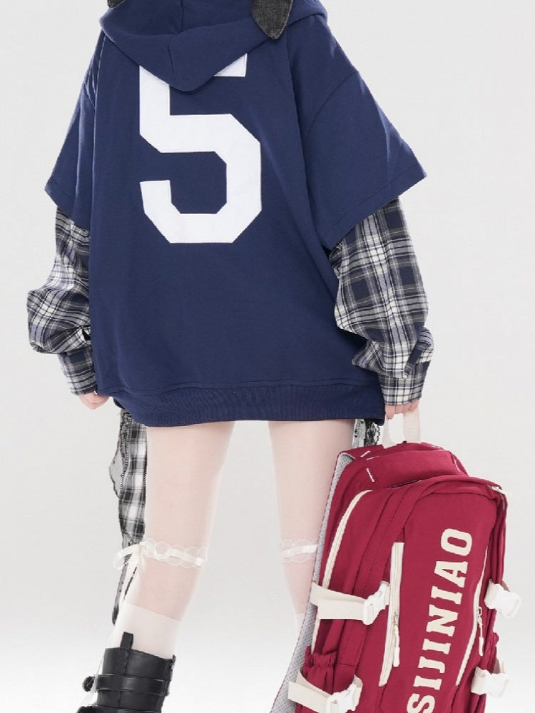 Weiß Schwarz Ärmel Plaid Blau Navy Patchwork Hoodie