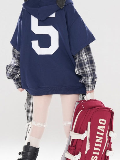 Weiß Schwarz Ärmel Plaid Blau Navy Patchwork Hoodie