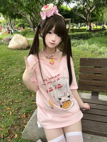 Cartoon with Neck T-shirt Print Girl Halter Pink