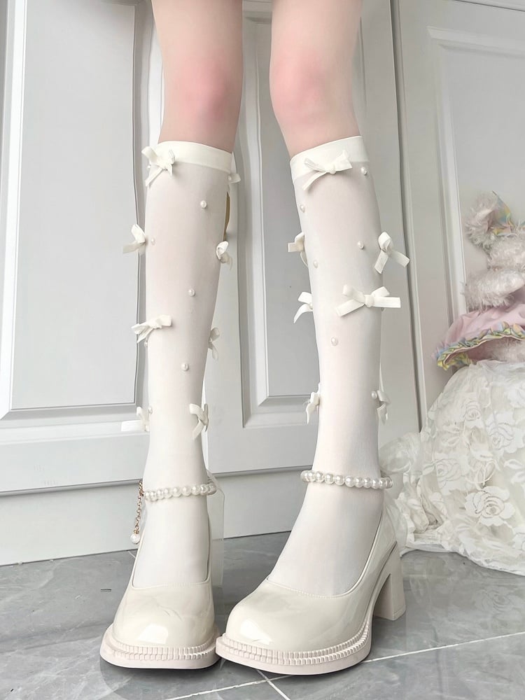 4 Colors Velvet Bow & Bead Decoration Calf Socks