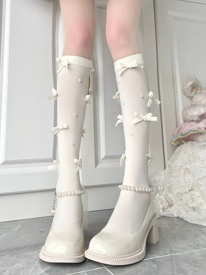 4 Colors Velvet Bow & Bead Decoration Calf Socks
