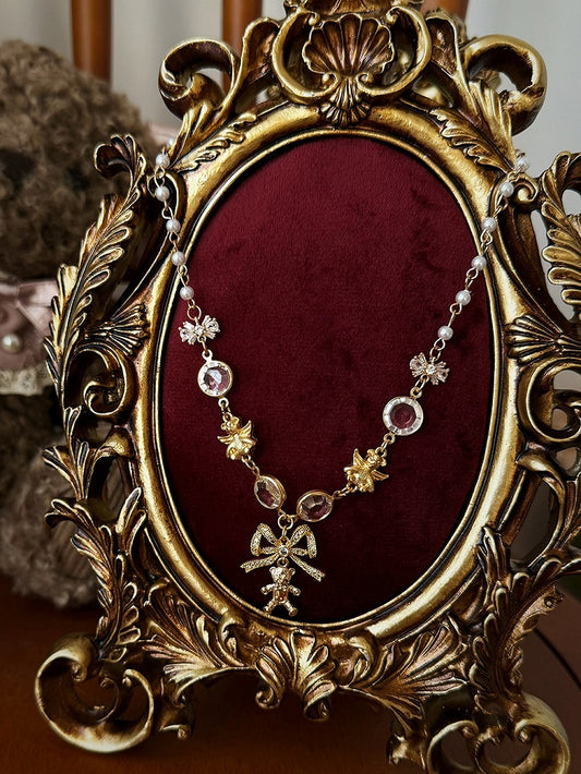 Beads Pendant and Bow-Topped with Bear Rhinestones Necklace Lolita Embellished