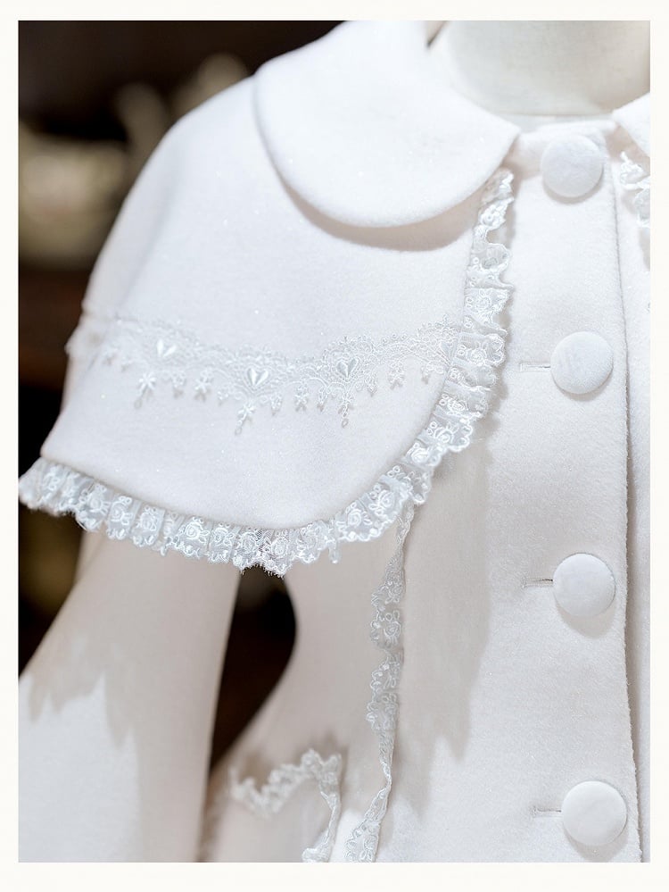 Snow White Heart Lace Applique Sweet Lolita Winter Overcoat - Dream Magic Box