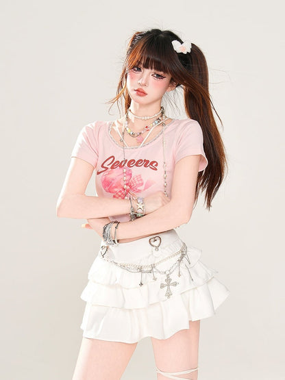 Trim Sweet Lollipop Print Spitzen-T-Shirt Rosa/Apricot Glamorous Cropped