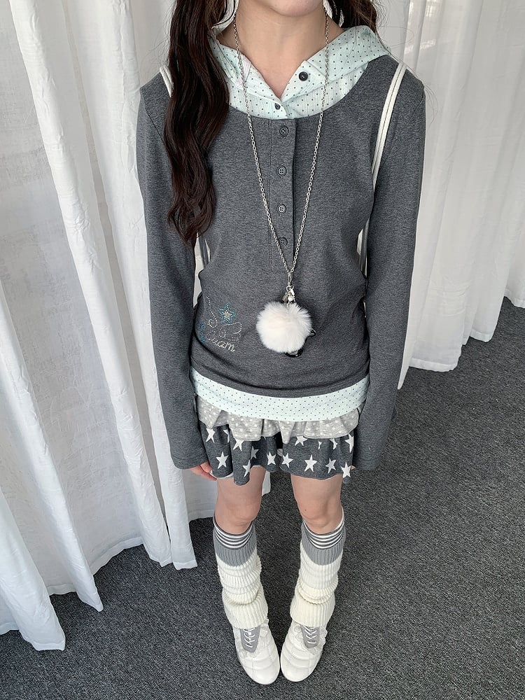 Y2K Dot Wings Patchwork Rhinestone Gray Hooded with Two-piece Polka Top