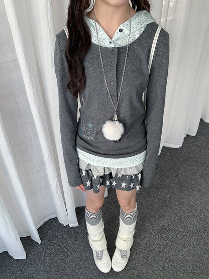 Y2K Dot Wings Patchwork Rhinestone Gray Hooded with Two-piece Polka Top