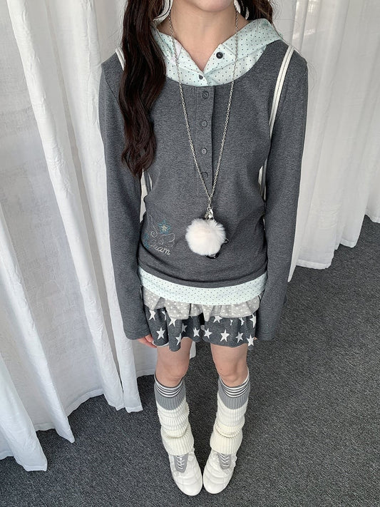 Y2K Dot Wings Patchwork Rhinestone Gray Hooded with Two-piece Polka Top