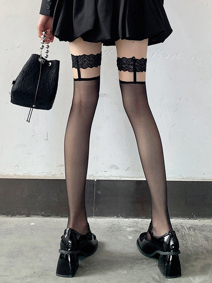 Design Garters White/Black Lace Stockings