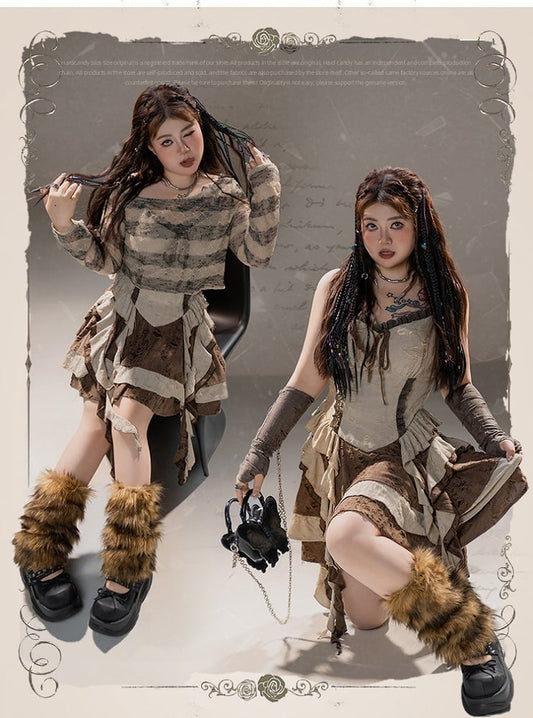 Plus Size Camisole-Kleid mit baskischer Taille und kaskadierenden Rüschen im Used-Look, Ödland-Punk-Stil, braune Löcher