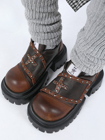 Brown with Shoes - Cross Fashion Chunky Platform Millard Applique