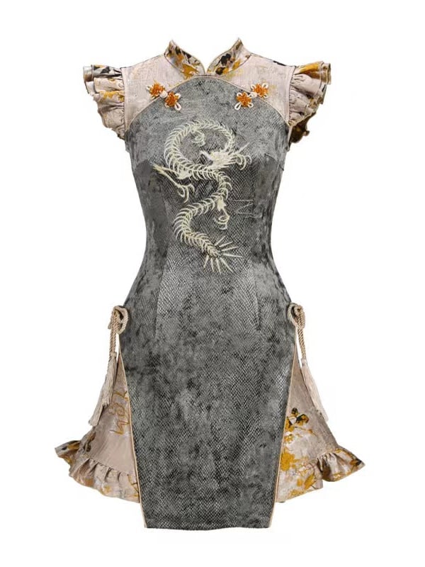 Goth-Qipao-Kleid mit Drachenstickerei