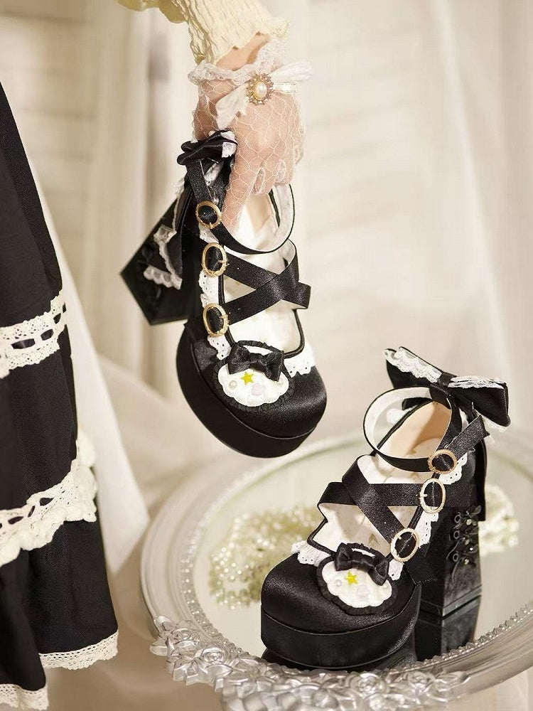 Black Round-Toe Lolita Shoes, 11.5CM Bowknot Block Heel, Pearl & Shell - Bad Bear