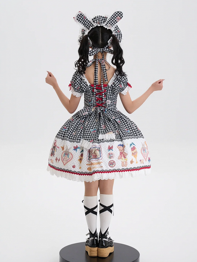 Black Print Kitty Teddy Gingham Sweet Lolita Dress and Short Sleeves