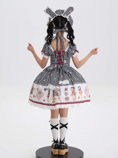 Black Print Kitty Teddy Gingham Sweet Lolita Dress and Short Sleeves