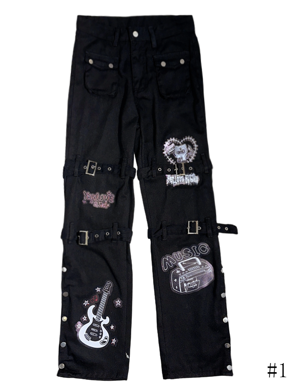 Buckle Straight-leg Punk and Black Guitar with Pants Straps Print