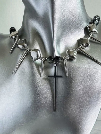 Silver Punk Necklace with Cross Pendant - YSHXS
