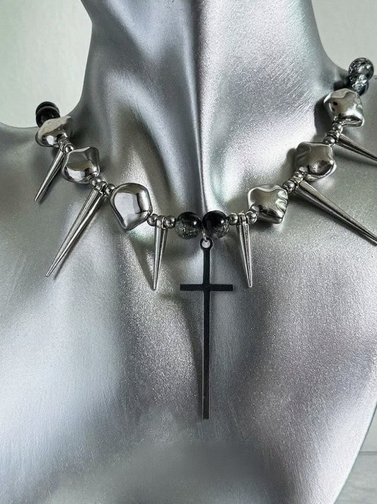 Silver Punk Necklace with Cross Pendant - YSHXS