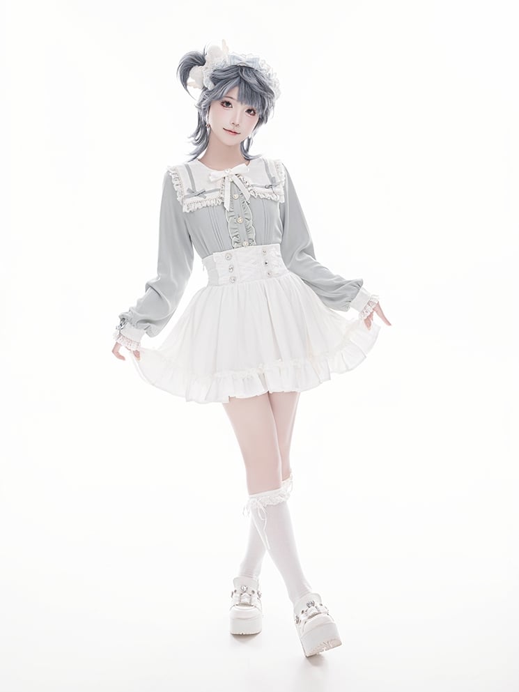 Blouse Blue Jirai Kei and Buttons Long Lace Heart Collar Square Light with Sleeve Inspired Beaded