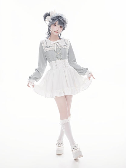 Blouse Blue Jirai Kei and Buttons Long Lace Heart Collar Square Light with Sleeve Inspired Beaded