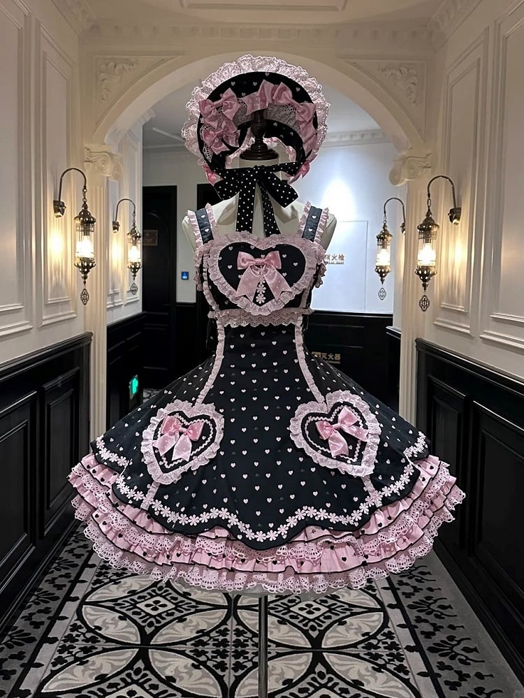Heart Black with Bows and Lolita Dress Motifs Pink Lace-Trimmed Sweet