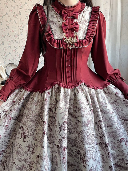 Animals Long-Sleeve Elegant White Print Lolita Forest Piece One Red