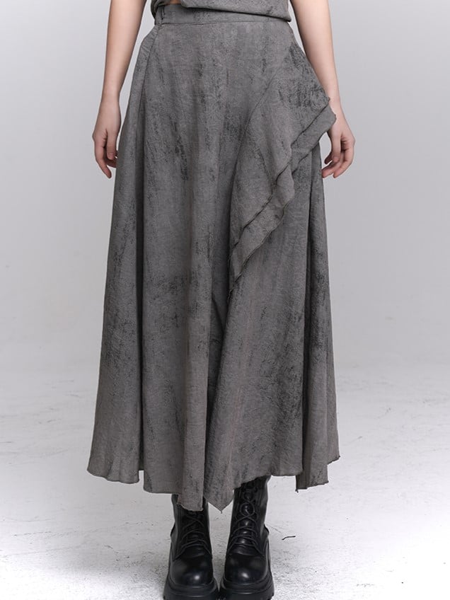 Gray Wasteland Punk Splatter with Ankle-Length Asymmetric Skirt Pattern Ruffle