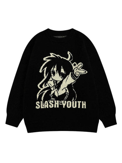 Cartoon Mädchen Strickpullover mit Print und Buchstaben in Schwarz