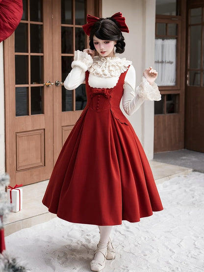 + JSK Bow New Version Red Year Long Beige Top Hairclip Bust Lolita Under Knit