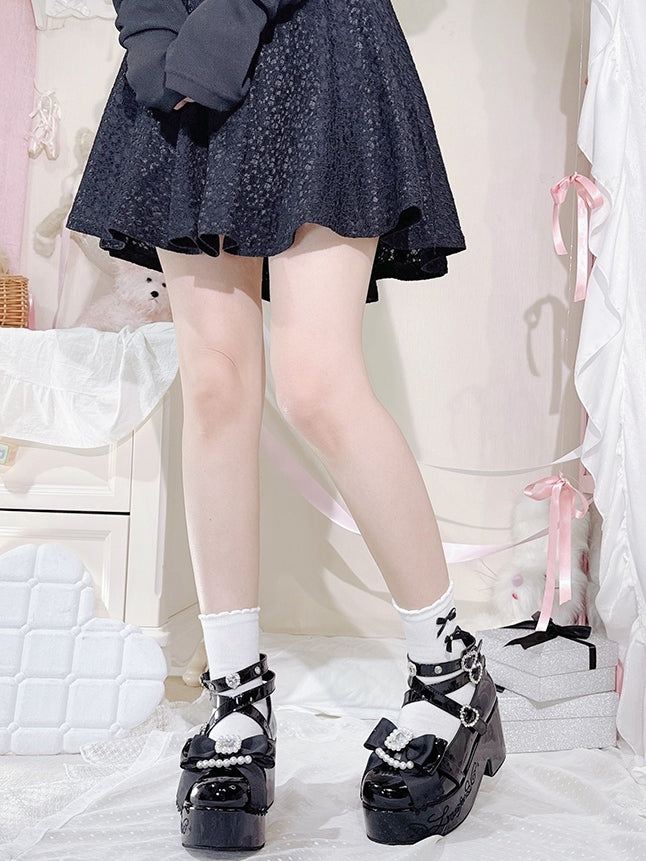 装飾されたプラットフォームハイブロックブラックヒールボウトップポリッシュラインストーンケイビーズジライと