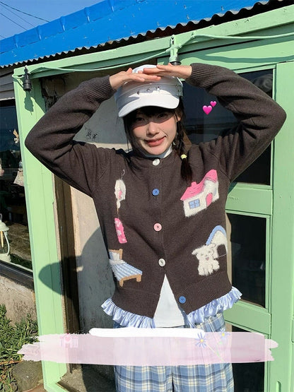 Gray Print Button Home Sweater Warm with Front