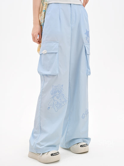 Lockere Hose mit geradem Bein und Taschen, blau, mit Anime-Print, Cargo