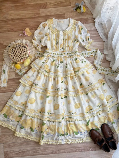 Short Front Lemon Sleeves Button Tiered Lolita Print Placket Skirt Dress White Chick and