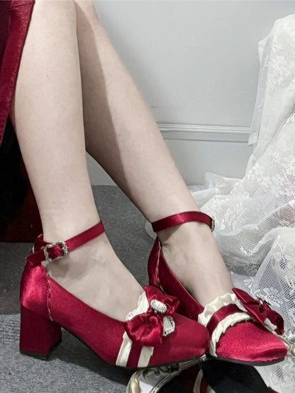Red Bow Mary Rhinestone Lolita Ruffles on Decor Accents Applique Wine Heart Mid-heel Janes with for