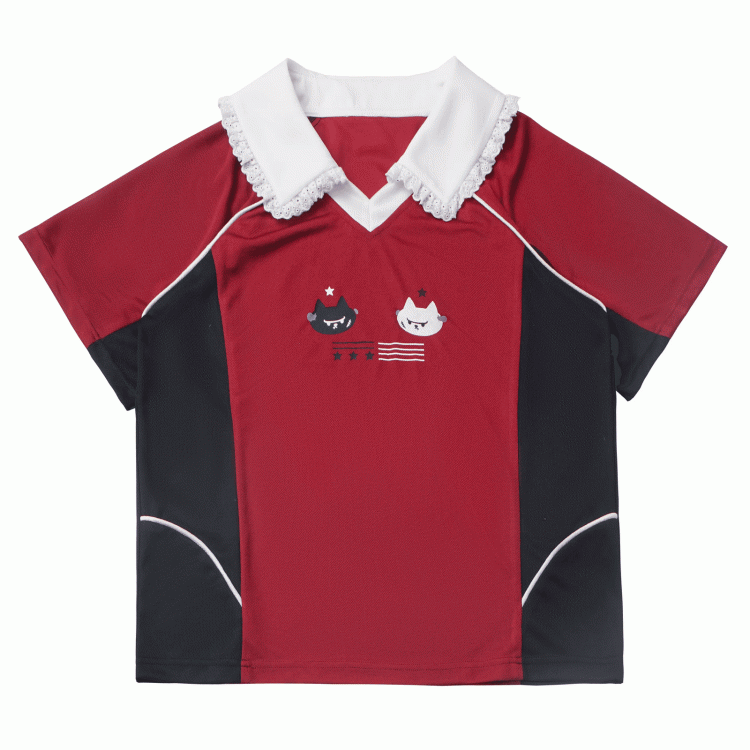 Red and Black Colorblock Pointed Flat Collar Kitten Print Blokette Core T-shirt Cute