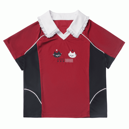 Red and Black Colorblock Pointed Flat Collar Kitten Print Blokette Core T-shirt Cute