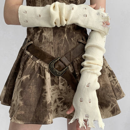 Distressed Holes Fingerless Knitted Long Gloves