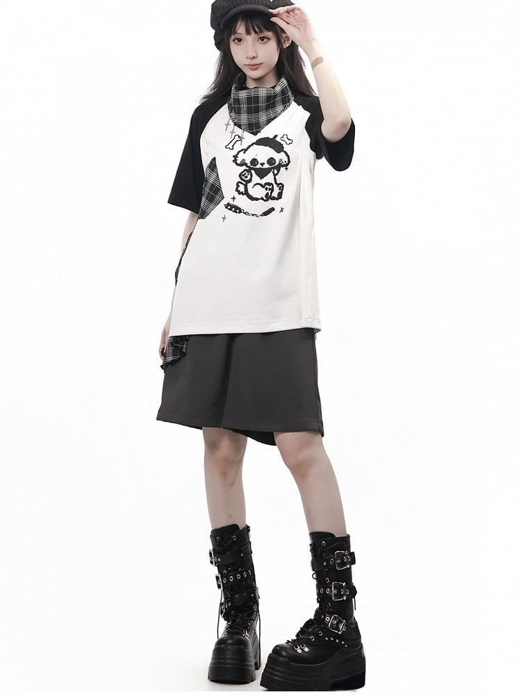 Gray Casual Shorts with Plaid Panel & Chain Accent - PINK SAVIOR