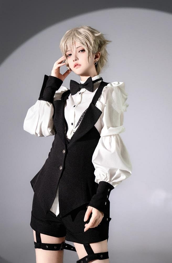 Ruffle Long White Ouji with Black Shirt Sleeves Bowtie Lolita Accents