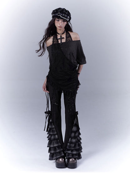 T-Shirt Neckholder Schwarz Kreuz Strass Gebogener Saum