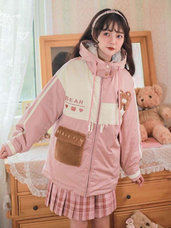 Blue/Pink Colorblock Jacket Plush Zip-Up Padded with Hood Teddy Patch