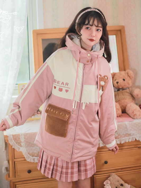 Blue/Pink Colorblock Jacket Plush Zip-Up Padded with Hood Teddy Patch