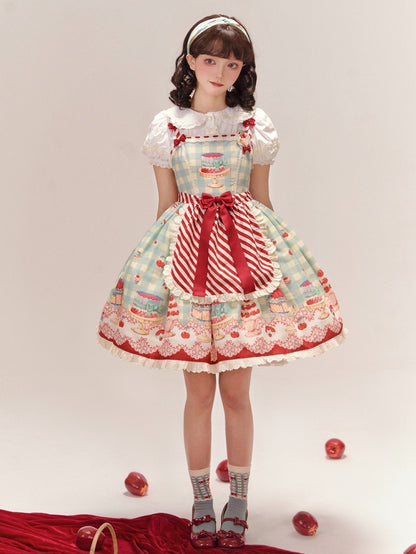 Mint Green Gingham Pattern Cherry and Dessert Sweet Lolita Jumper Skirt