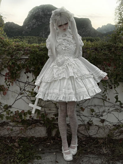 White Short Bowknots Ruffled with Dress Lolita Gothic Heart-shaped Decoration Version JSK and